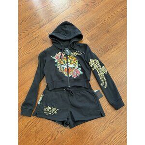 NWT ED HARDY Tiger Zip Up Crop Hoodie & Shorts Set in Black Size L